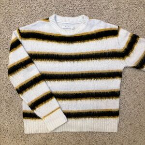 MNML Black & Gold Striped Fuzzy Brushed Mohair Wool Crewneck Long Sleeve Sweater